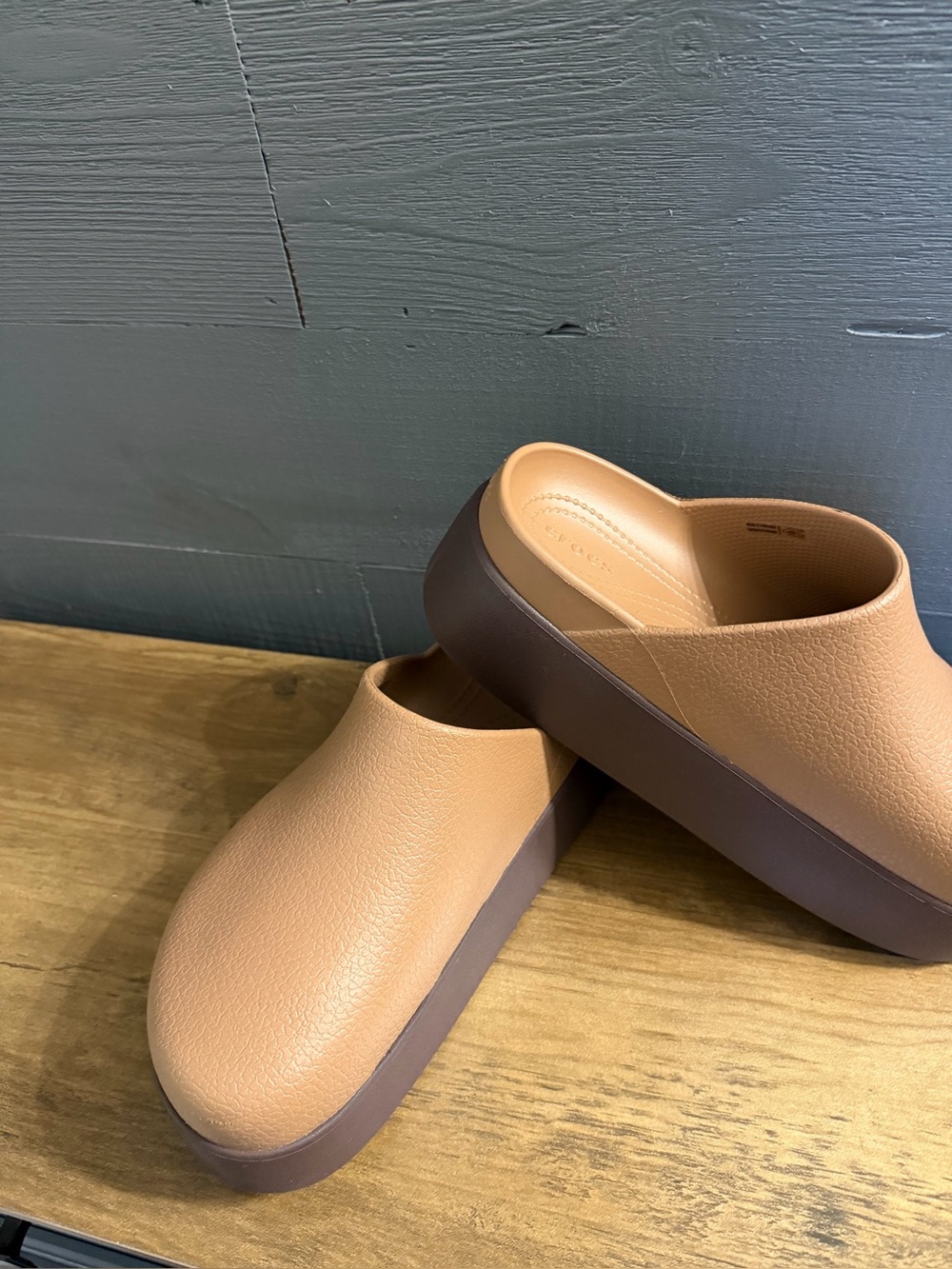 CROCS Women's Tan Upper Slip-On Mule with Brown Platform Sole
